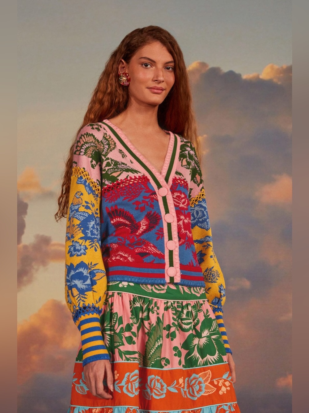 Farm Rio: FLORAL DE RENDA PATCH KNIT CARDIGAN